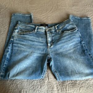 Banana Republic girlfriend blue jeans with the tear knee look size 10 .